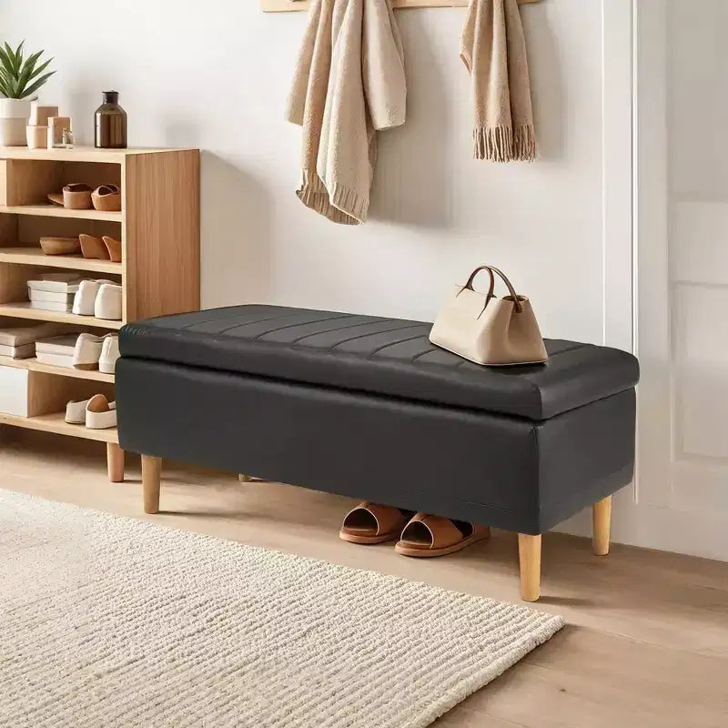 Panca contenitore moderna VECELO in morbida pelle PU, pouf da 44 pollici con 6,1 pollici di spazio profondo per soggiorno o camera da letto, facile da pulire, nera
