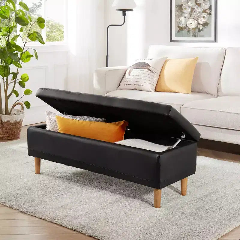 Panca contenitore moderna VECELO in morbida pelle PU, pouf da 44 pollici con 6,1 pollici di spazio profondo per soggiorno o camera da letto, facile da pulire, nera