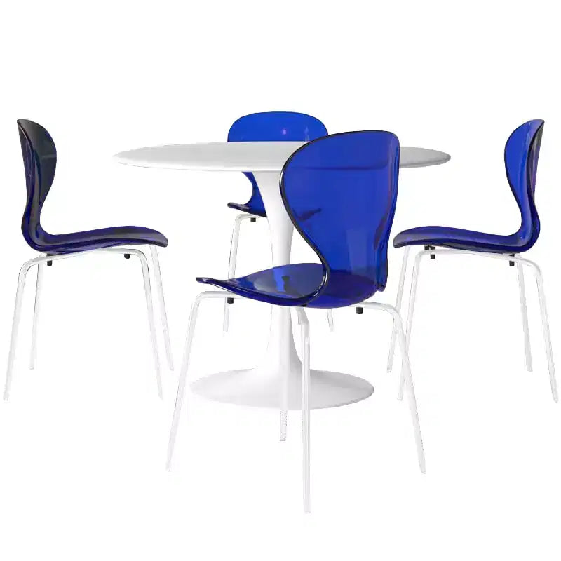 LeisureMod Bristol Set Sala da Pranzo 5 Pezzi Tavolo Rotondo, 4 Sedie da Pranzo in Plastica Gambe Bianche