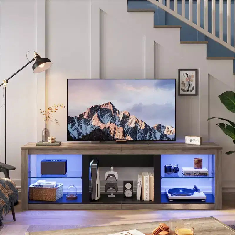 Mobile TV Bestier 71, mobile porta TV moderno per televisori fino a 75 pollici con luce LED, tavolo consolle TV con ripiani portaoggetti per soggiorno