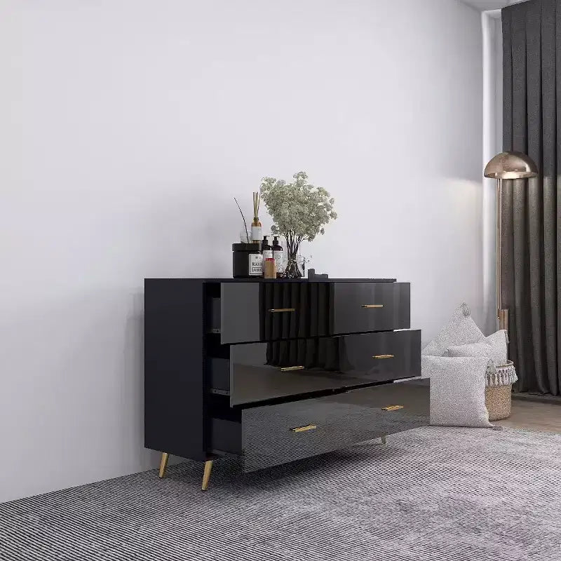 Cassettiera Okak a 6 cassetti con superficie lucida, cassettiera moderna nera e oro, cassettiera elegante per camera da letto, soggiorno, ingresso