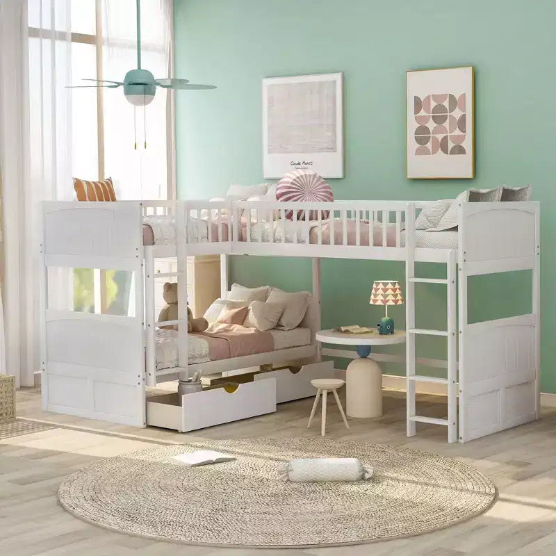 Letto a castello triplo Okak a soppalco con contenitore, letti a castello salvaspazio con 2 cassetti e area giochi sottostante, letti a soppalco alti per bambini e ragazzi