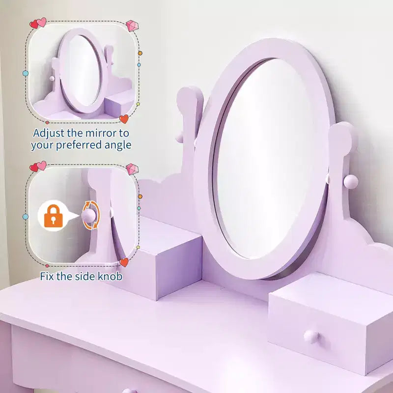 Coiffeuse pour enfants avec miroir, table de maquillage et tabouret, ensemble de jeu en bois pour 4-9 ans, violet