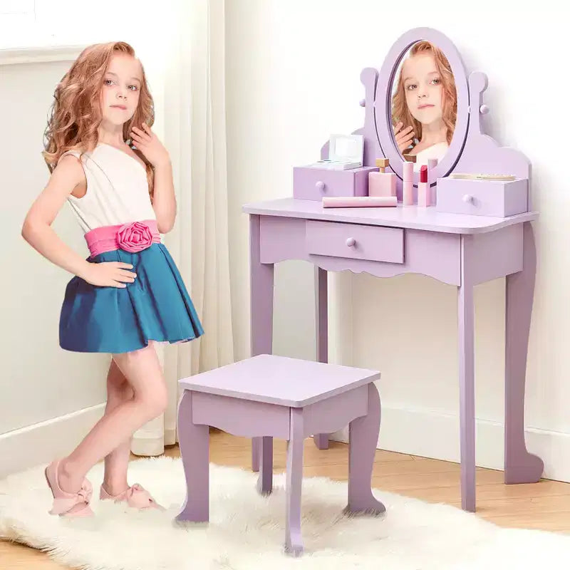 Set toeletta per bambine con specchio, tavolo da trucco e sgabello per bambini, set da gioco in legno per travestimento 4-9 anni, viola
