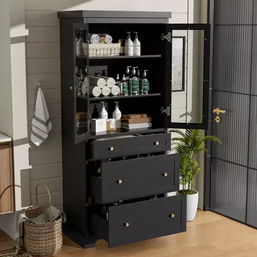 Mobiletto da bagno moderno autoportante 70.1H con 3 cassetti e ripiani regolabili, ante in vetro a chiusura ammortizzata, per l'archiviazione multi-ambiente - ModernLuxe