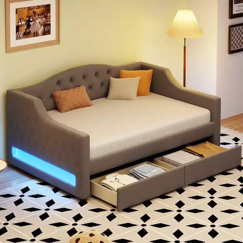 Divano letto imbottito Whisen Twin XL con luci a LED e 2 cassetti
