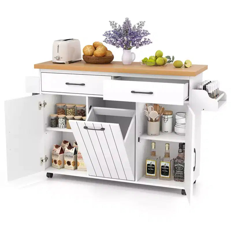 Costway Isola Cucina con Ruote Carrello Cucina con Cestino Porta Rifiuti a Scomparsa Tavolo da Isola Bianco/Nero