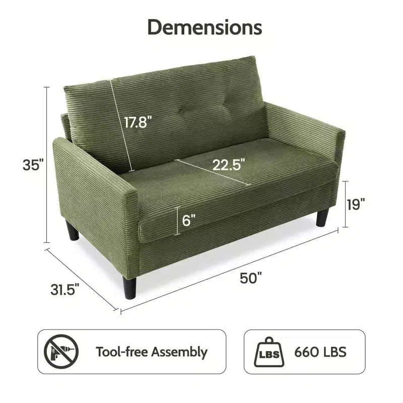 Divanetto Dyonery 50 in Velluto a Coste Beige con Struttura in Legno Massello per Soggiorno, Divanetto Piccolo Comodo con Seduta Profonda, Cuscino a Molle, Montaggio Senza Attrezzi