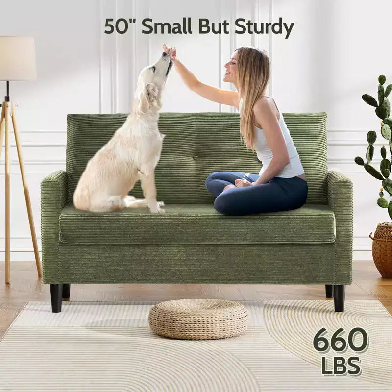 Divanetto Dyonery 50 in Velluto a Coste Beige con Struttura in Legno Massello per Soggiorno, Divanetto Piccolo Comodo con Seduta Profonda, Cuscino a Molle, Montaggio Senza Attrezzi