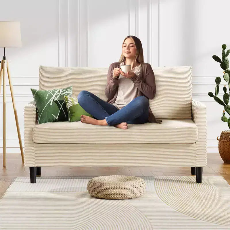 Divanetto Dyonery 50 in Velluto a Coste Beige con Struttura in Legno Massello per Soggiorno, Divanetto Piccolo Comodo con Seduta Profonda, Cuscino a Molle, Montaggio Senza Attrezzi