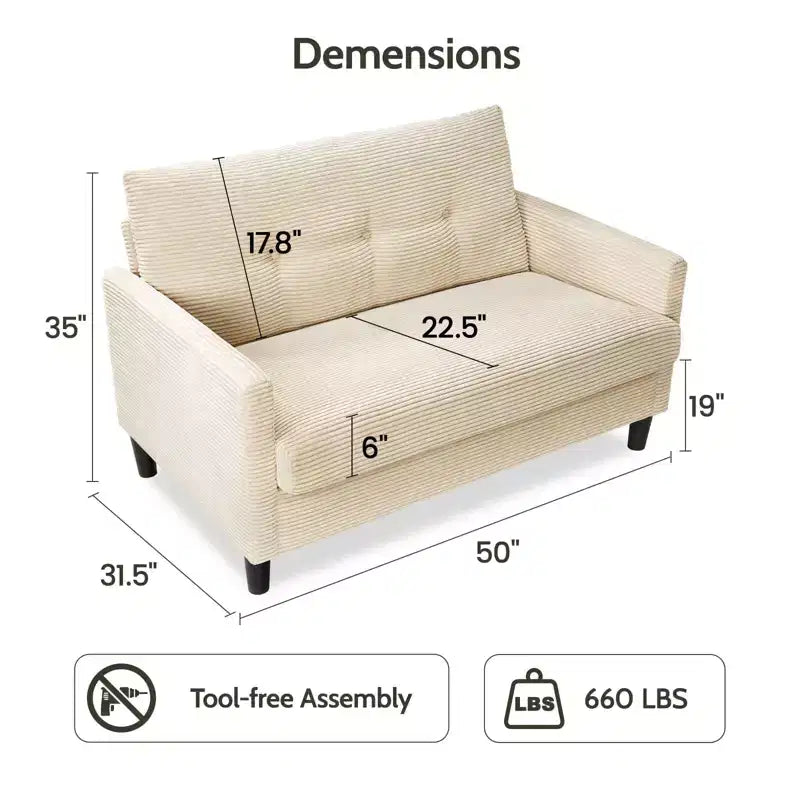 Divanetto Dyonery 50 in Velluto a Coste Beige con Struttura in Legno Massello per Soggiorno, Divanetto Piccolo Comodo con Seduta Profonda, Cuscino a Molle, Montaggio Senza Attrezzi