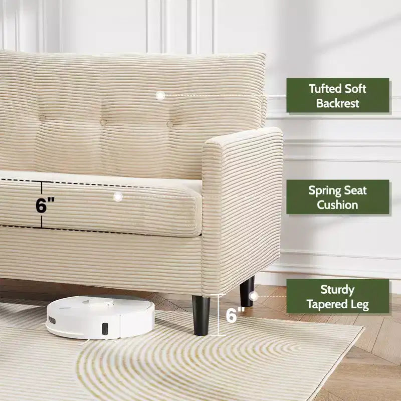 Divanetto Dyonery 50 in Velluto a Coste Beige con Struttura in Legno Massello per Soggiorno, Divanetto Piccolo Comodo con Seduta Profonda, Cuscino a Molle, Montaggio Senza Attrezzi