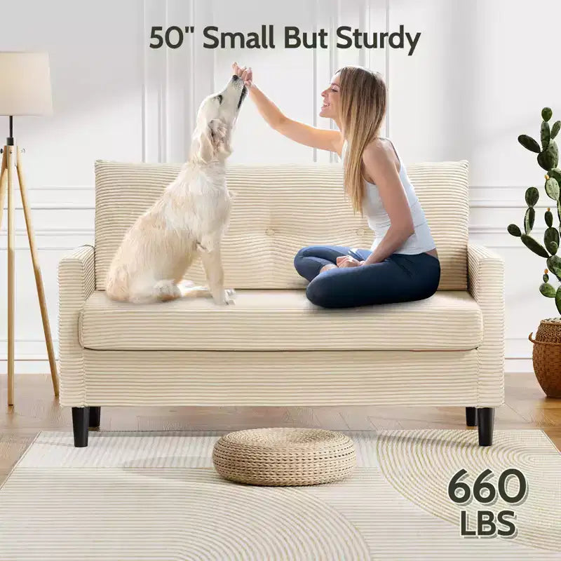 Divanetto Dyonery 50 in Velluto a Coste Beige con Struttura in Legno Massello per Soggiorno, Divanetto Piccolo Comodo con Seduta Profonda, Cuscino a Molle, Montaggio Senza Attrezzi