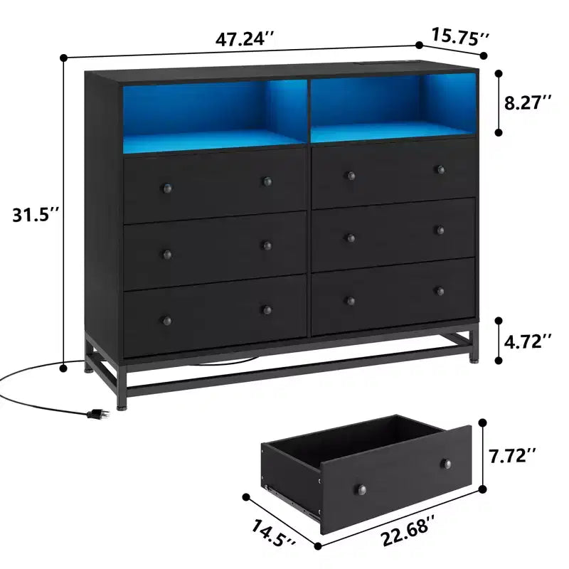 Comodino Zstar 47.2 In 6 cassetti per camera da letto con luci a LED e stazione di ricarica
