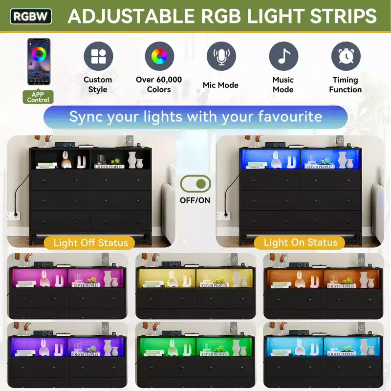 Comodino Zstar 47.2 In 6 cassetti per camera da letto con luci a LED e stazione di ricarica