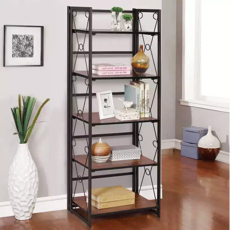 VECELO Scaffale Pieghevole, Libreria Pieghevole a 5 Ripiani, Scaffale Industriale in Metallo Autoportante Organizer per Soggiorno o Camera da Letto, Marrone