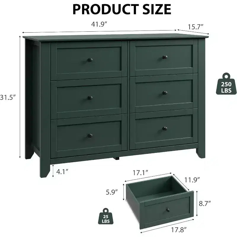 Cassettiere Acekool Cassettiera alta a 6 cassetti, organizer contenitore profondo, maniglie, stile moderno rustico per camera da letto, armadio, soggiorno, verde