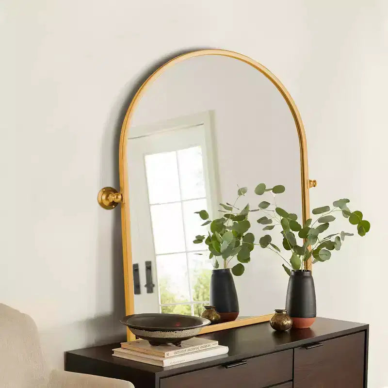Specchio decorativo a parete Mayeerty con cornice in metallo dorato, ad angolo retto, ad arco, 36 x 24 x 2