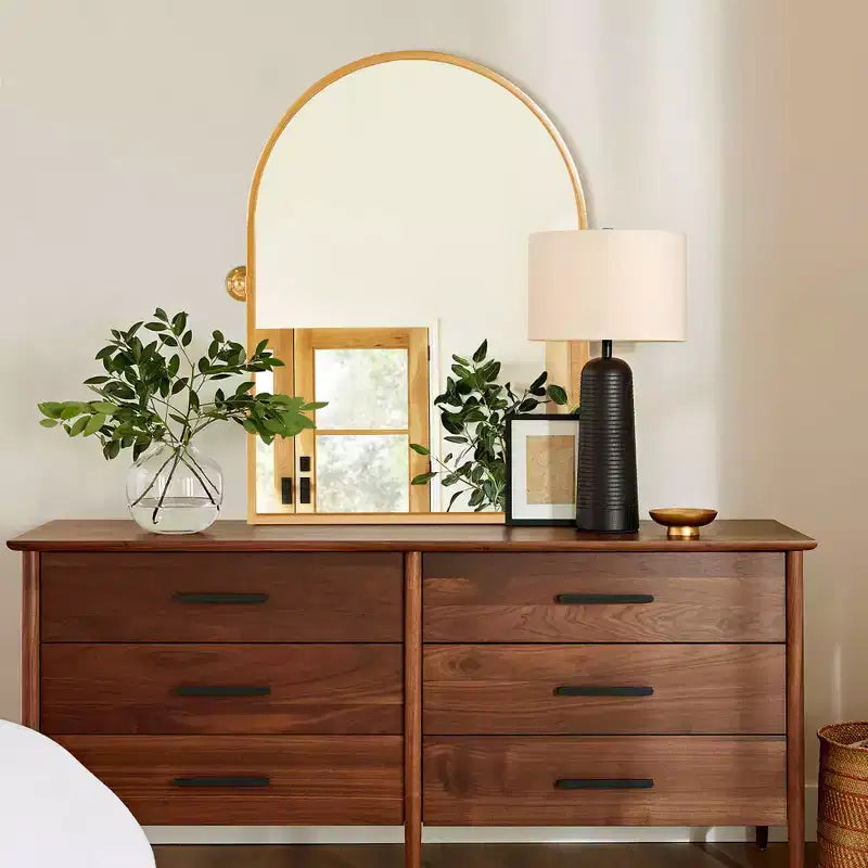 Specchio decorativo a parete Mayeerty con cornice in metallo dorato, ad angolo retto, ad arco, 36 x 24 x 2