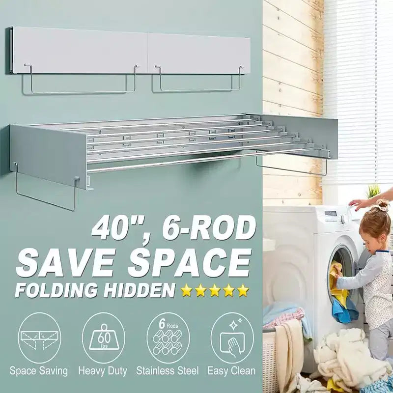 Wall Mounted Clothes Drying Rack Folding Indoor, Foldable Laundry Drying Rack Collapsible Invisible Space Saving Retractable Towel with Wall Template