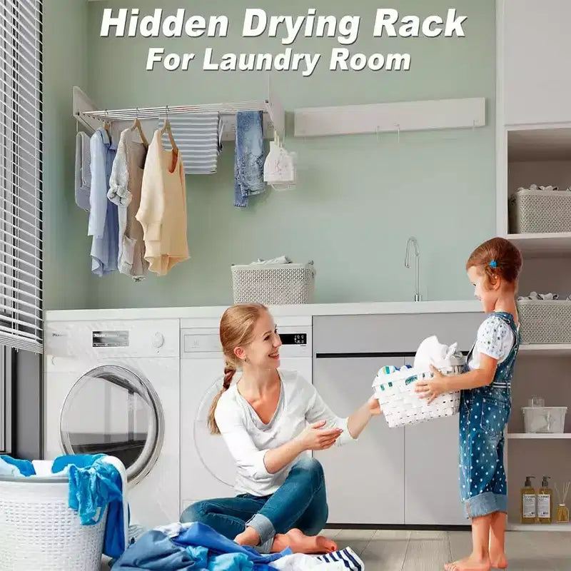 Wall Mounted Clothes Drying Rack Folding Indoor, Foldable Laundry Drying Rack Collapsible Invisible Space Saving Retractable Towel with Wall Template