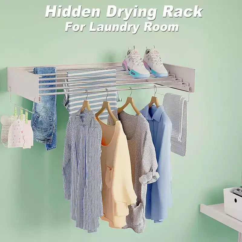 Wall Mounted Clothes Drying Rack Folding Indoor, Foldable Laundry Drying Rack Collapsible Invisible Space Saving Retractable Towel with Wall Template