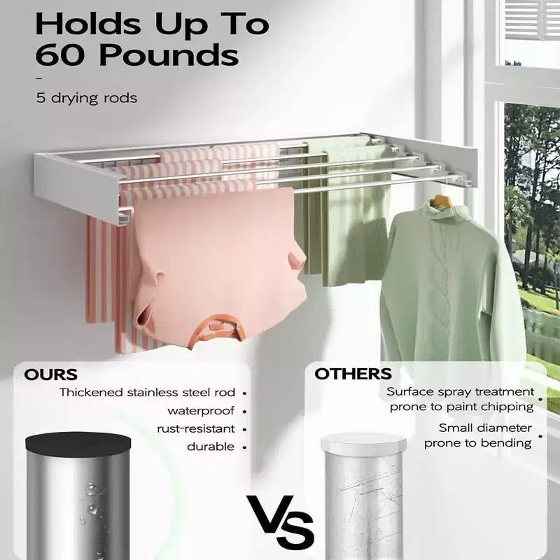Wall Mounted Clothes Drying Rack Folding Indoor, Foldable Laundry Drying Rack Collapsible Invisible Space Saving Retractable Towel with Wall Template
