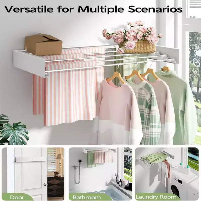 Wall Mounted Clothes Drying Rack Folding Indoor, Foldable Laundry Drying Rack Collapsible Invisible Space Saving Retractable Towel with Wall Template