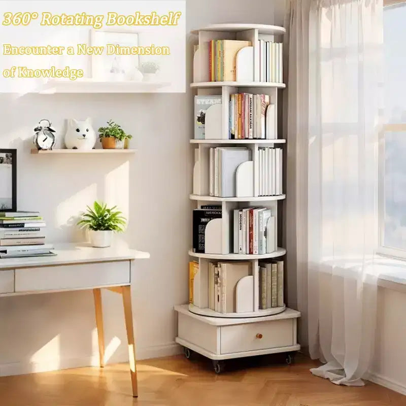 Chic Crate Libreria a 6 Livelli Girevole a 360° con Ruote e Cassetto, Salvaspazio per Camera da Letto e Ufficio