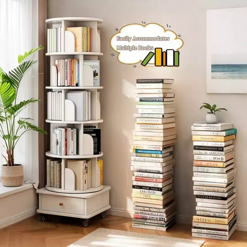Chic Crate Libreria a 6 Livelli Girevole a 360° con Ruote e Cassetto, Salvaspazio per Camera da Letto e Ufficio