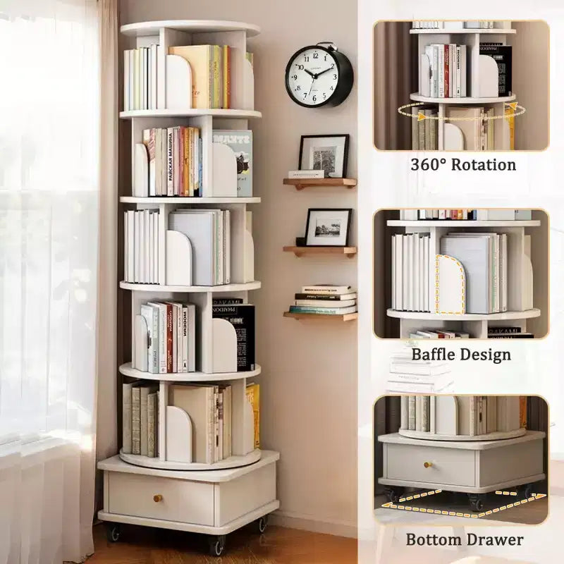 Chic Crate Libreria a 6 Livelli Girevole a 360° con Ruote e Cassetto, Salvaspazio per Camera da Letto e Ufficio