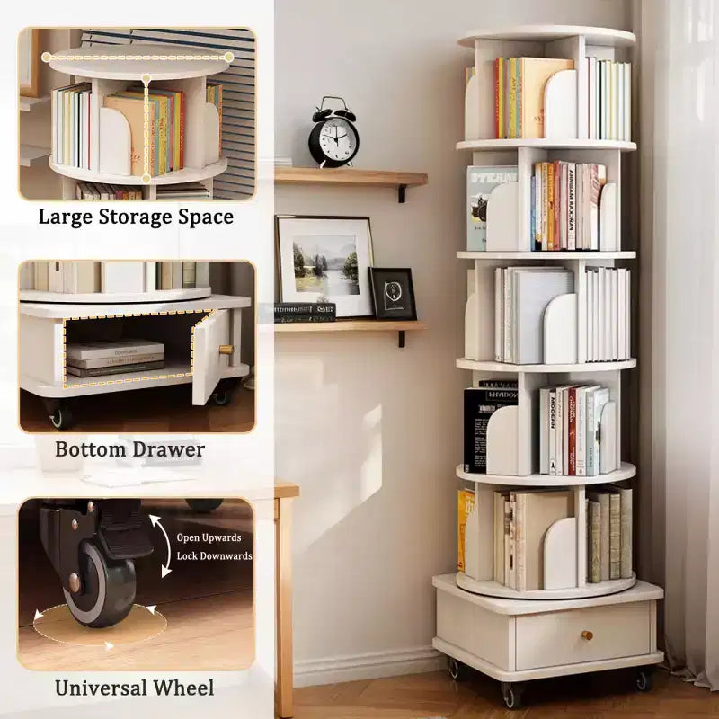 Chic Crate Libreria a 6 Livelli Girevole a 360° con Ruote e Cassetto, Salvaspazio per Camera da Letto e Ufficio