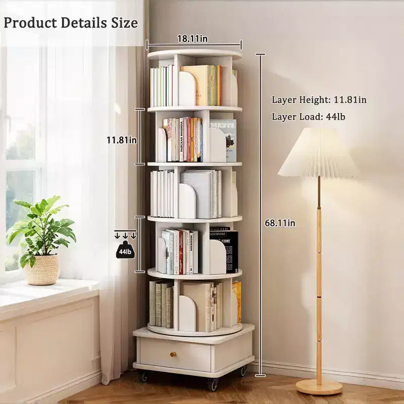 Chic Crate Libreria a 6 Livelli Girevole a 360° con Ruote e Cassetto, Salvaspazio per Camera da Letto e Ufficio