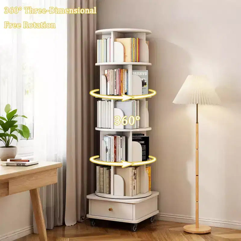 Chic Crate Libreria a 6 Livelli Girevole a 360° con Ruote e Cassetto, Salvaspazio per Camera da Letto e Ufficio