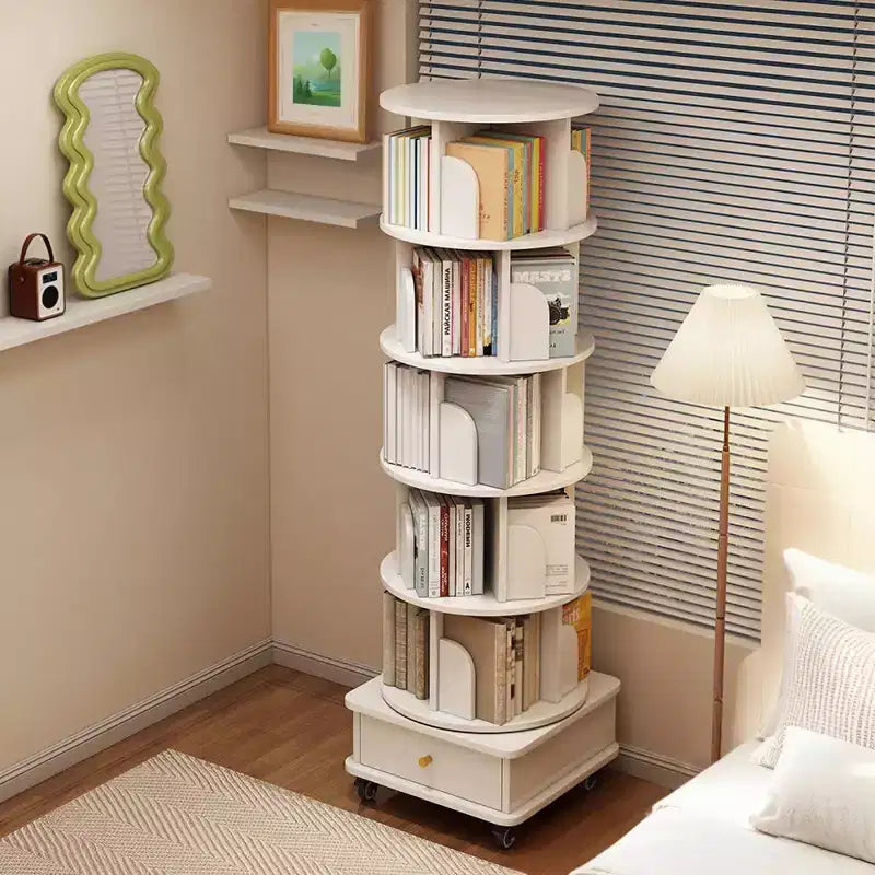 Chic Crate Libreria a 6 Livelli Girevole a 360° con Ruote e Cassetto, Salvaspazio per Camera da Letto e Ufficio