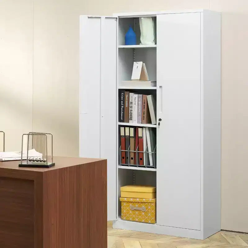 71" Steel Locking Storage Cabinet with 2 Magnetic Doors & 4 Adjustable Shelves – White