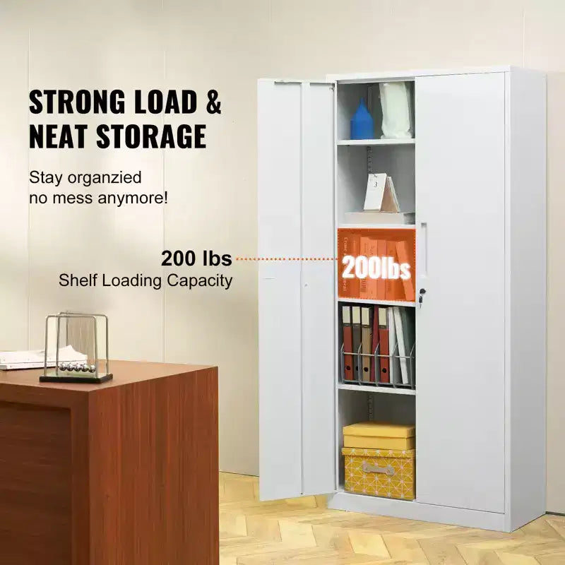 71" Steel Locking Storage Cabinet with 2 Magnetic Doors & 4 Adjustable Shelves – White