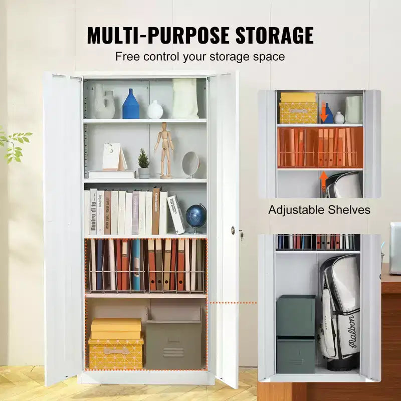 71" Steel Locking Storage Cabinet with 2 Magnetic Doors & 4 Adjustable Shelves – White