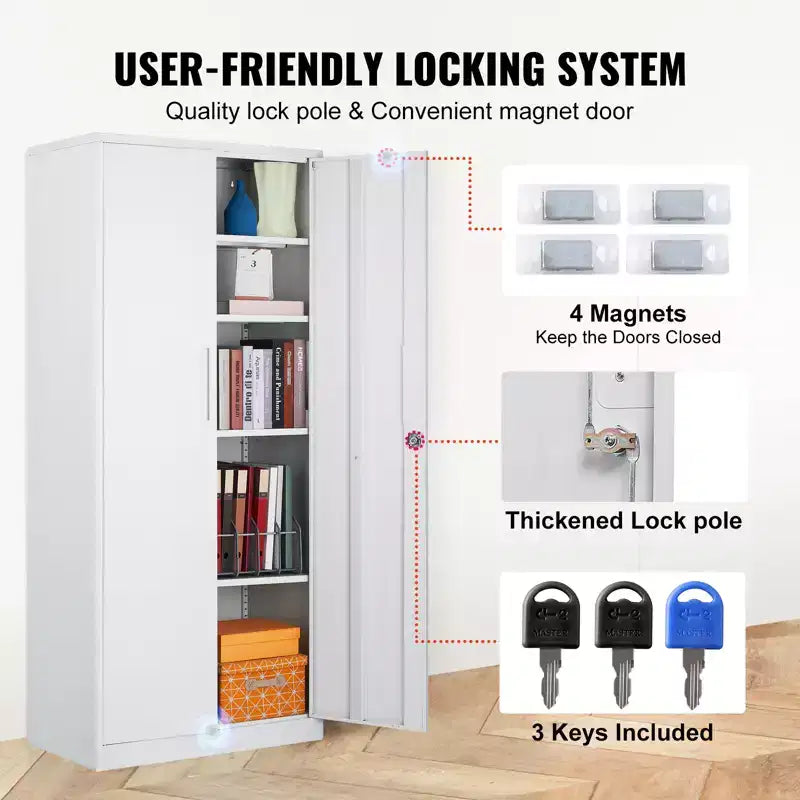 71" Steel Locking Storage Cabinet with 2 Magnetic Doors & 4 Adjustable Shelves – White