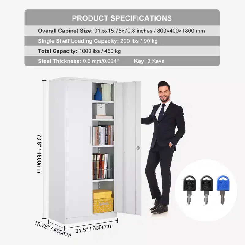 71" Steel Locking Storage Cabinet with 2 Magnetic Doors & 4 Adjustable Shelves – White