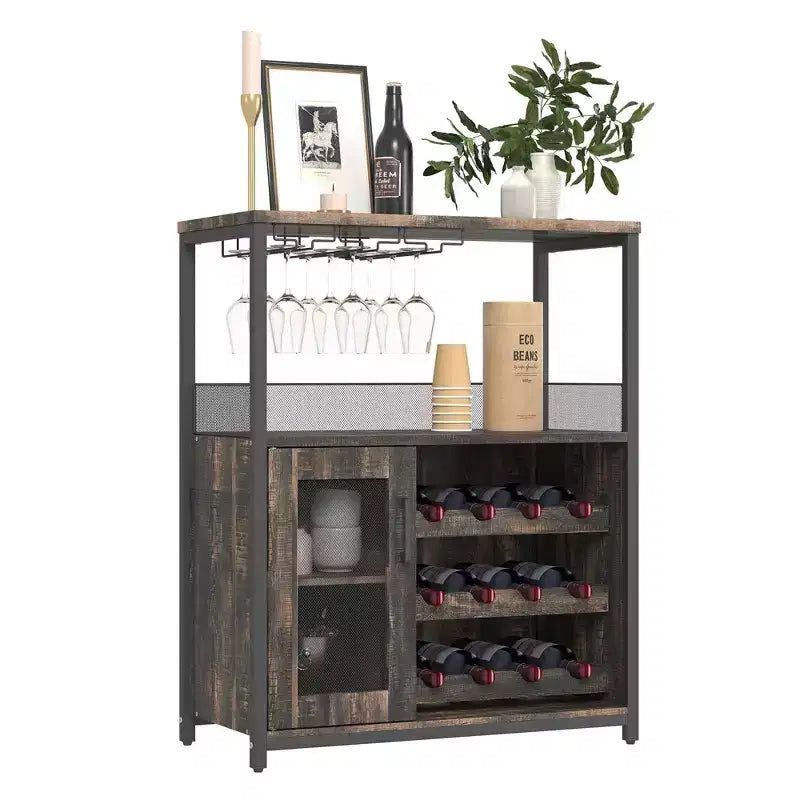 Grey 3-Tier Industrial Wine Bar Cabinet (12+ Bottles)  36H x 24W x 15D, Detachable Rack, 9 Glass Holders & Adjustable Shelves for Home/Bar