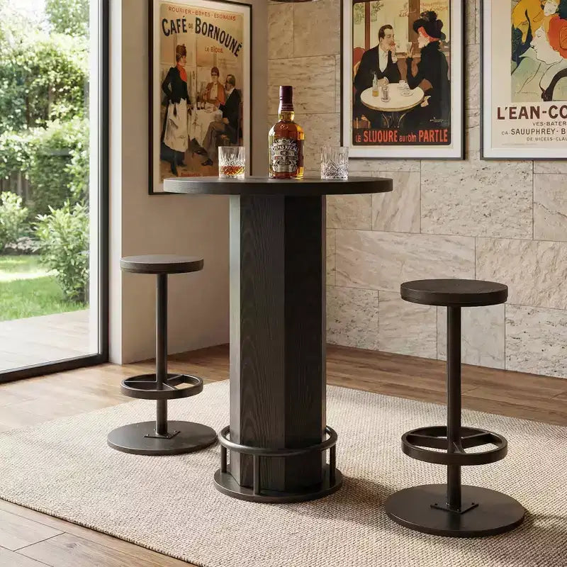 MAYEERTY Set Tavolo da Bistrò Rotondo Moderno da Fattoria 23.62 con 2 Sgabelli, Piano Rustico in MDF e Base a Colonna in Metallo, Tavolo da Bar Alto 37.8 con Poggiapiedi