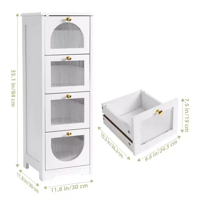 Modern Slim Bathroom Cabinet - 4 Drawer Storage with Semi See-Through Fronts, Waterproof MDF - Fits Narrow Spaces (33.1H) Easy Assembly