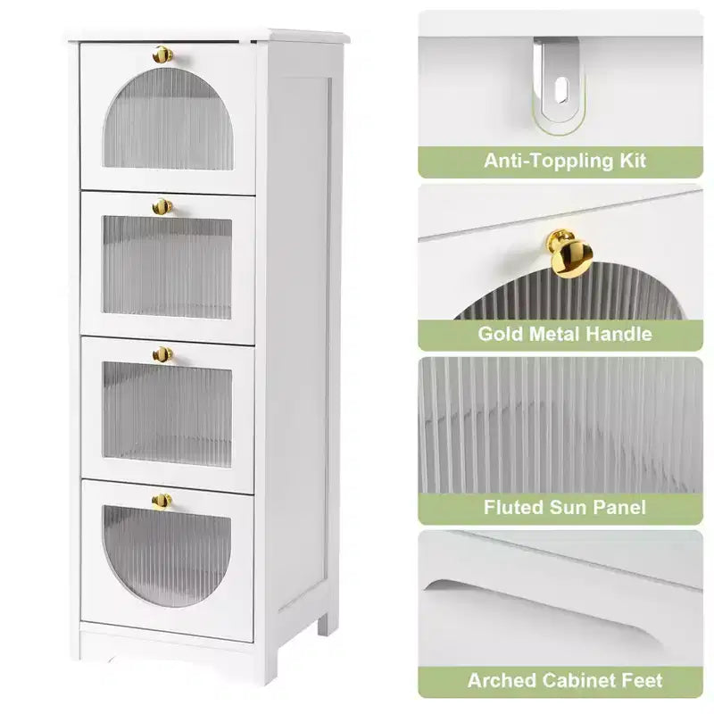 Modern Slim Bathroom Cabinet - 4 Drawer Storage with Semi See-Through Fronts, Waterproof MDF - Fits Narrow Spaces (33.1H) Easy Assembly