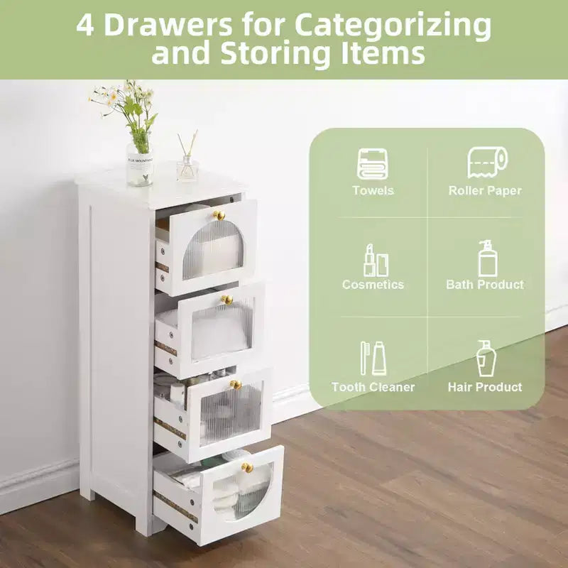 Modern Slim Bathroom Cabinet - 4 Drawer Storage with Semi See-Through Fronts, Waterproof MDF - Fits Narrow Spaces (33.1H) Easy Assembly