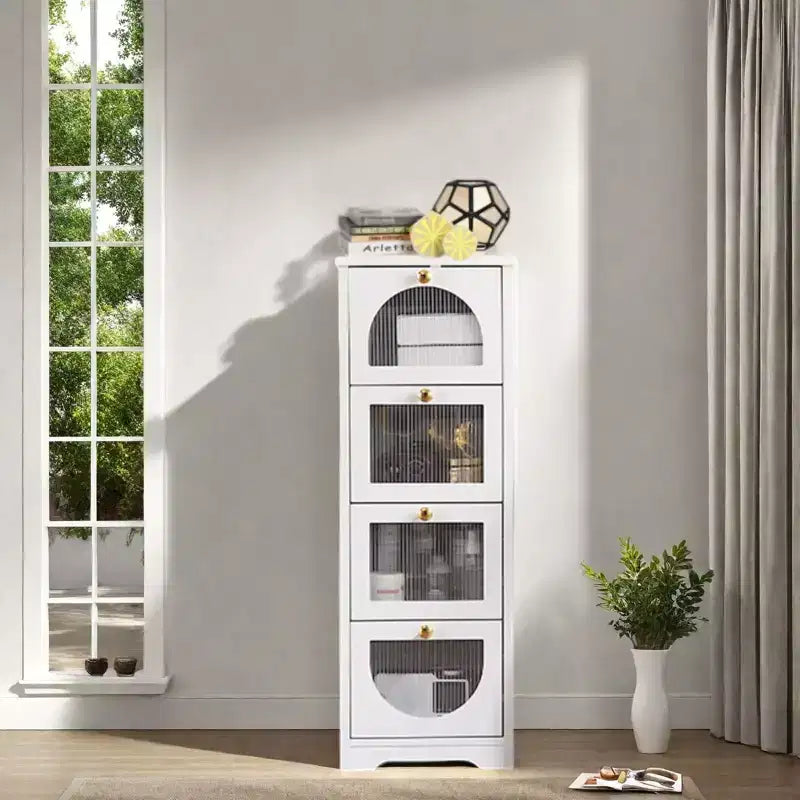 Modern Slim Bathroom Cabinet - 4 Drawer Storage with Semi See-Through Fronts, Waterproof MDF - Fits Narrow Spaces (33.1H) Easy Assembly