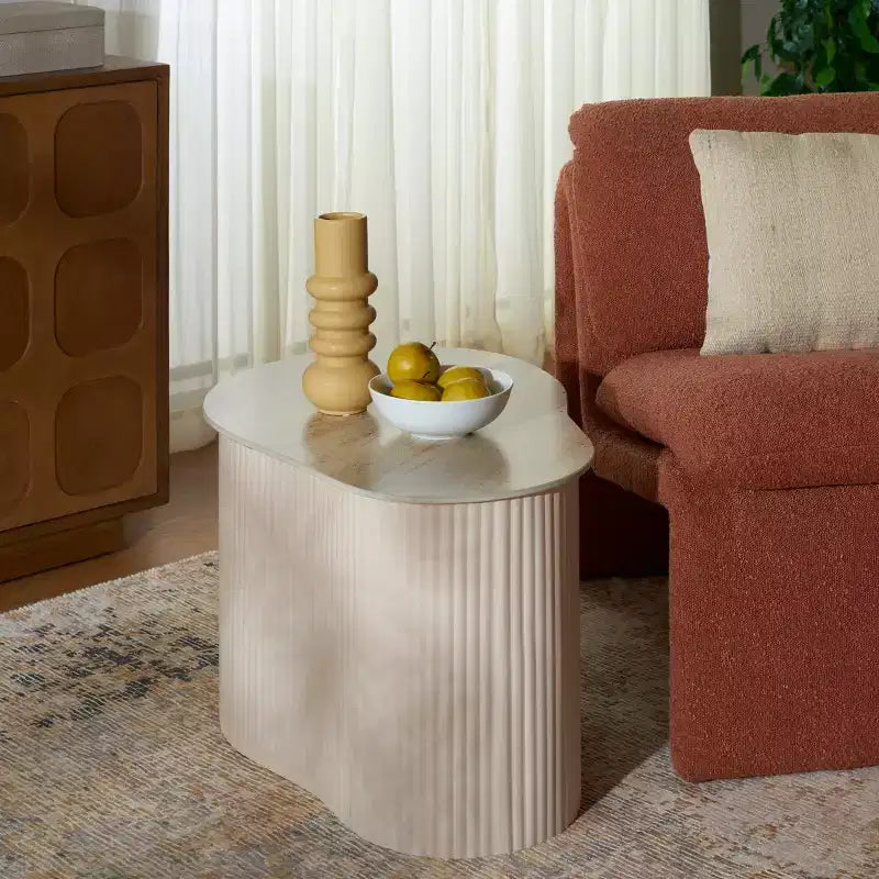 Large Beige Ceramic Side Table – Iron Base, Sculptural Accent Table