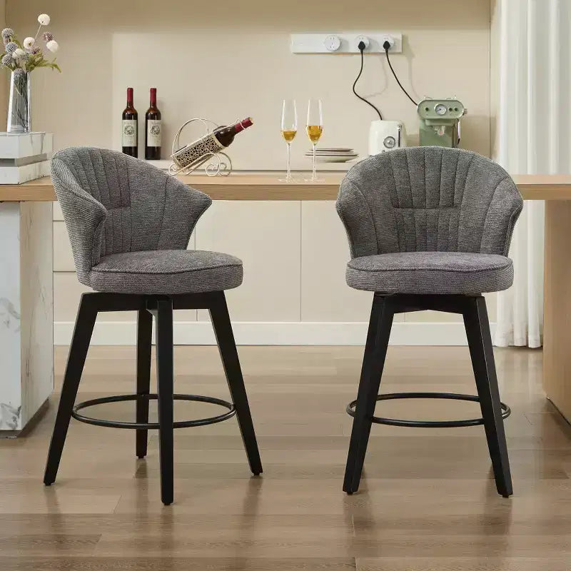 Zeus & Ruta Set di 2 Sgabelli da Bar Girevoli con Schienale Alto da 25" con Rivestimento in ciniglia, Gambe in Legno e Altezza Regolabile