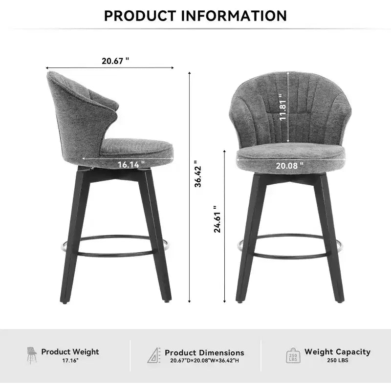 Zeus & Ruta Set di 2 Sgabelli da Bar Girevoli con Schienale Alto da 25" con Rivestimento in ciniglia, Gambe in Legno e Altezza Regolabile