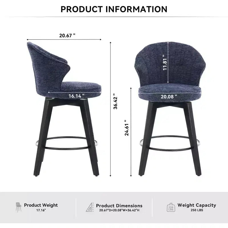 Zeus & Ruta Set di 2 Sgabelli da Bar Girevoli con Schienale Alto da 25" con Rivestimento in ciniglia, Gambe in Legno e Altezza Regolabile